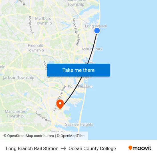 Long Branch Rail Station to Ocean County College map
