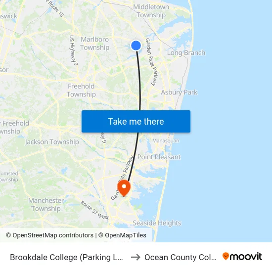 Brookdale College (Parking Lot #3) to Ocean County College map