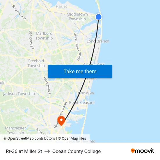 Rt-36 at Miller St to Ocean County College map
