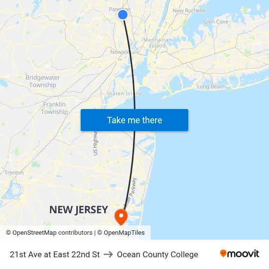 21st Ave at East 22nd St to Ocean County College map