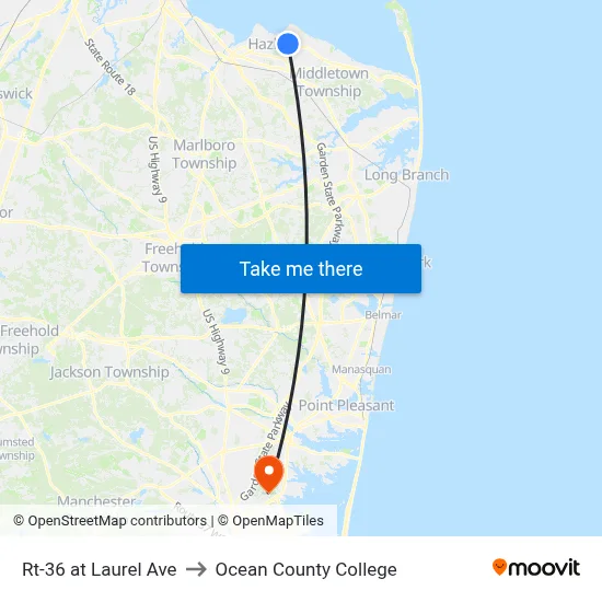Rt-36 at Laurel Ave to Ocean County College map