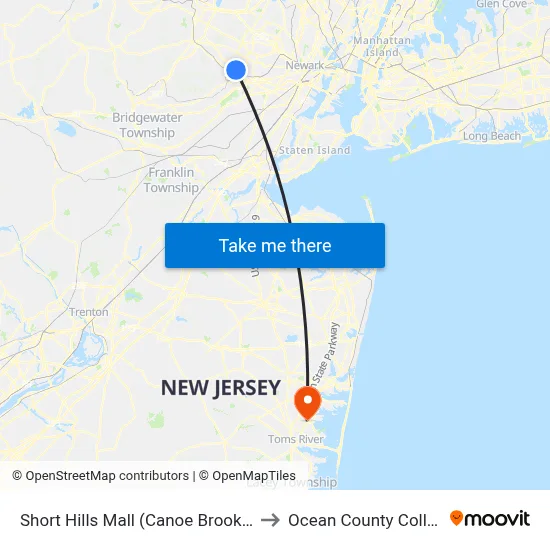 Short Hills Mall (Canoe Brook Rd) to Ocean County College map