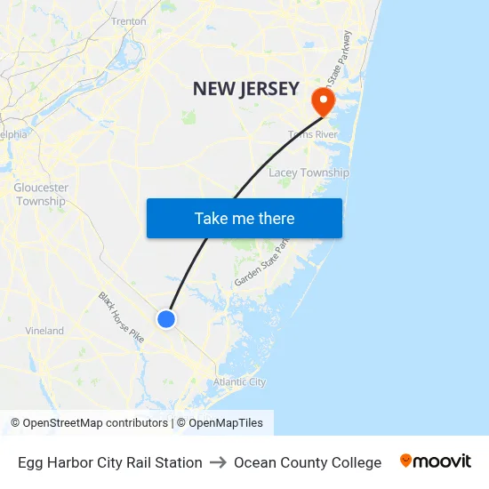 Egg Harbor City Rail Station to Ocean County College map