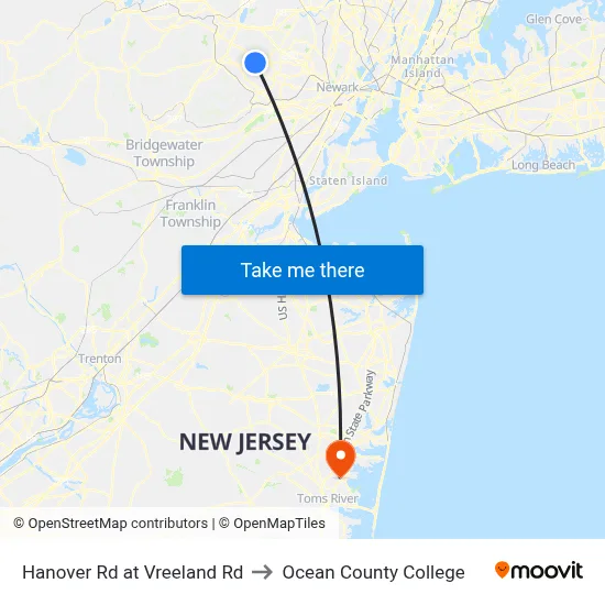 Hanover Rd at Vreeland Rd to Ocean County College map