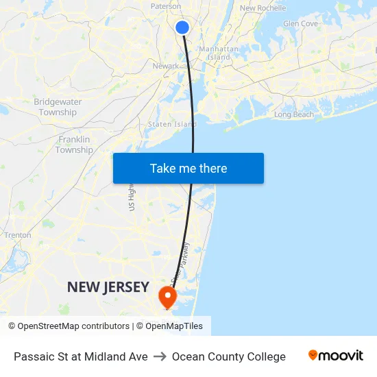 Passaic St at Midland Ave to Ocean County College map