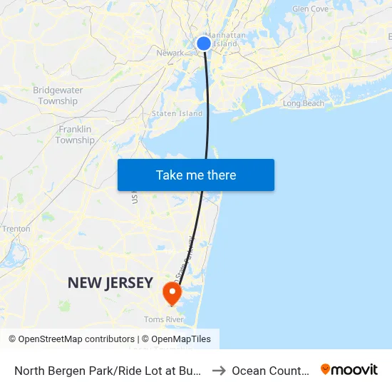 North Bergen Park/Ride Lot at Bus Stop Opposite T to Ocean County College map
