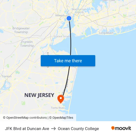 JFK Blvd at Duncan Ave to Ocean County College map