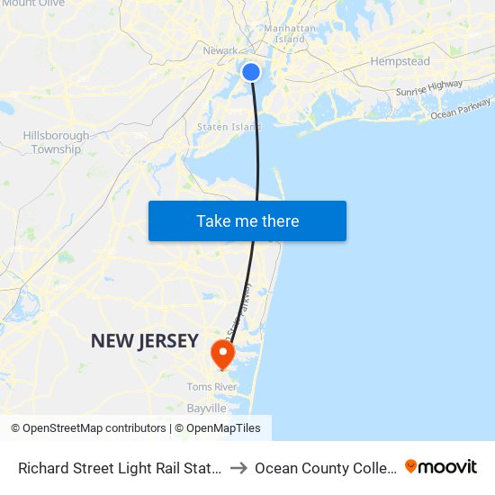 Richard Street Light Rail Station to Ocean County College map
