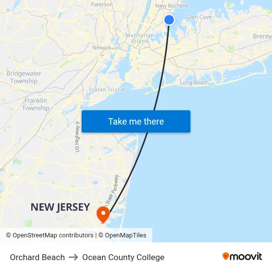 Orchard Beach to Ocean County College map
