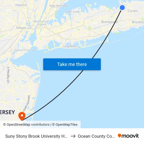 Suny Stony Brook University Hospital to Ocean County College map