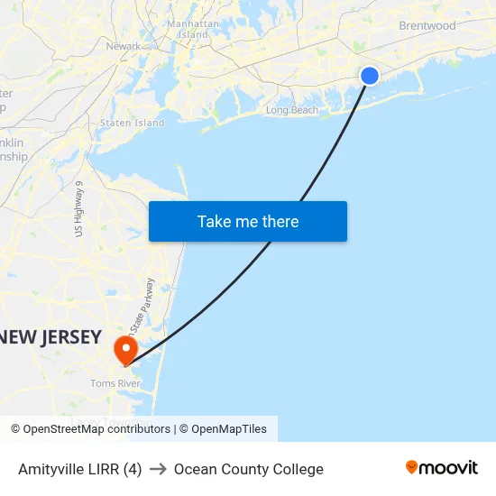 Amityville LIRR (4) to Ocean County College map
