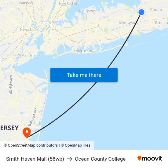 Smith Haven Mall (58wb) to Ocean County College map