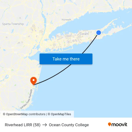 Riverhead LIRR (58) to Ocean County College map