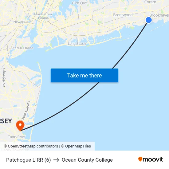 Patchogue LIRR (6) to Ocean County College map