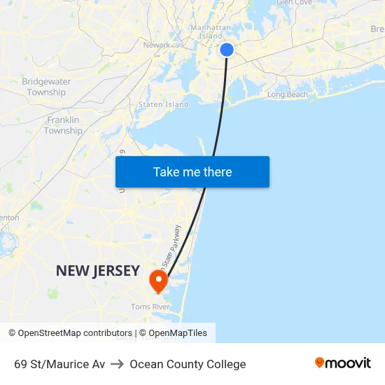 69 St/Maurice Av to Ocean County College map