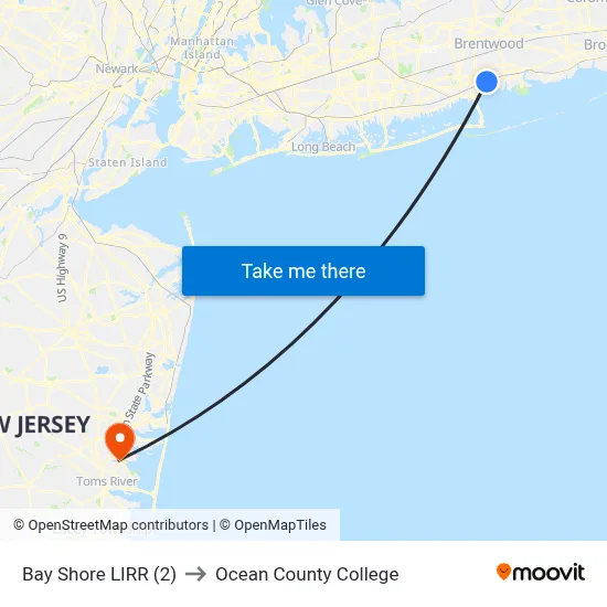 Bay Shore LIRR (2) to Ocean County College map