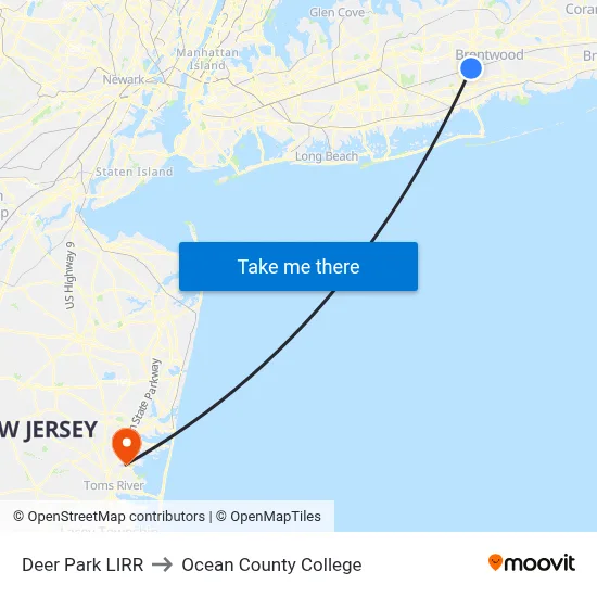 Deer Park LIRR to Ocean County College map