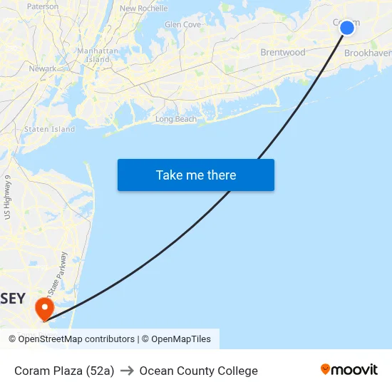 Coram Plaza (52a) to Ocean County College map