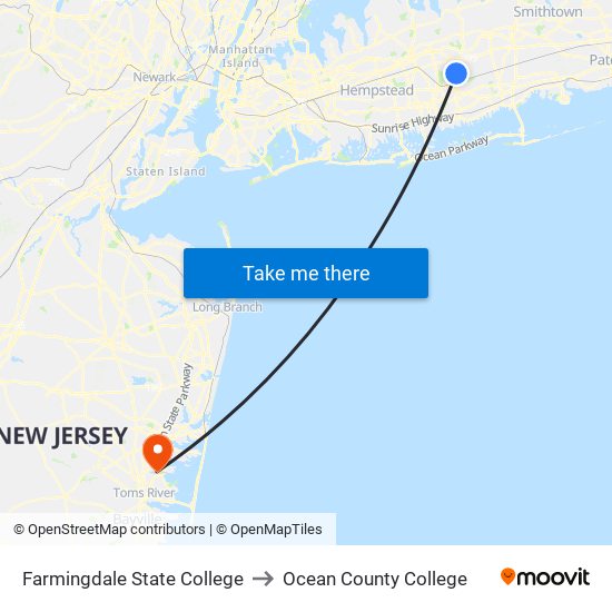 Farmingdale State College to Ocean County College map