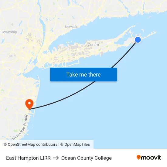 East Hampton LIRR to Ocean County College map