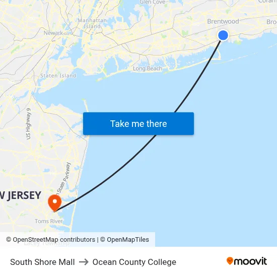 South Shore Mall to Ocean County College map