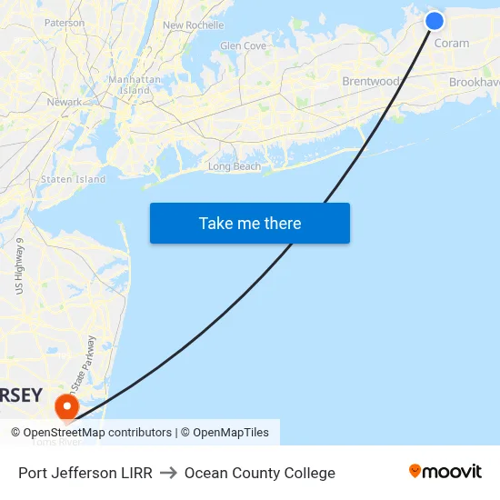 Port Jefferson LIRR to Ocean County College map