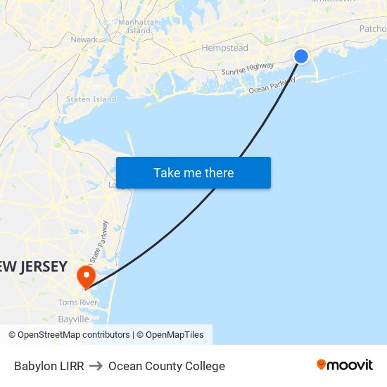 Babylon LIRR to Ocean County College map