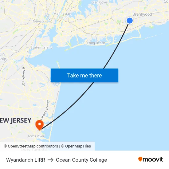 Wyandanch LIRR to Ocean County College map