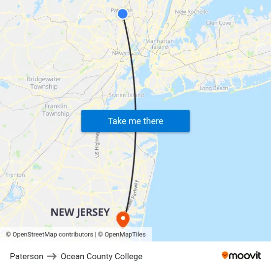Paterson to Ocean County College map