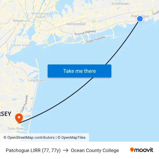 Patchogue LIRR (77, 77y) to Ocean County College map