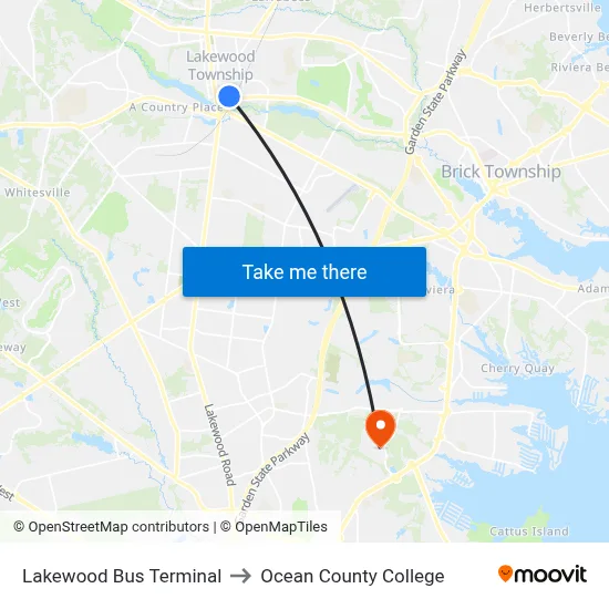 Lakewood Bus Terminal to Ocean County College map