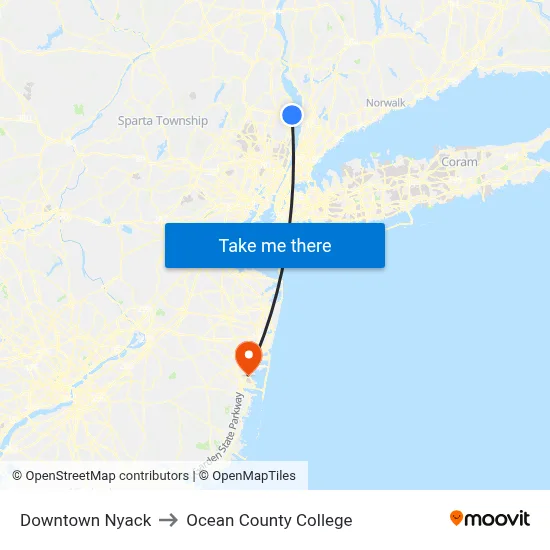 Downtown Nyack to Ocean County College map
