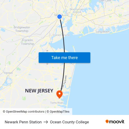 Newark Penn Station to Ocean County College map