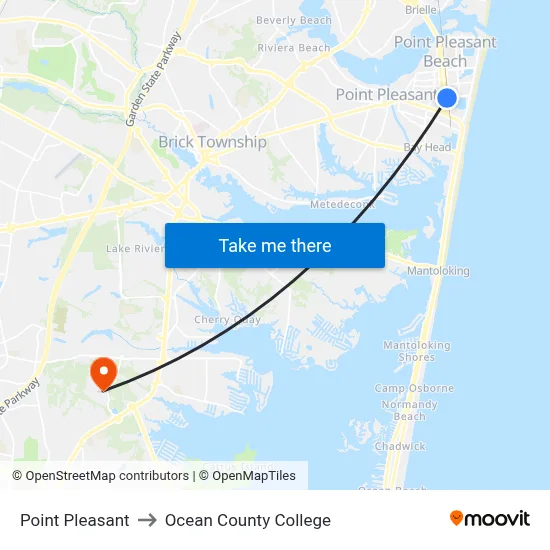 Point Pleasant to Ocean County College map