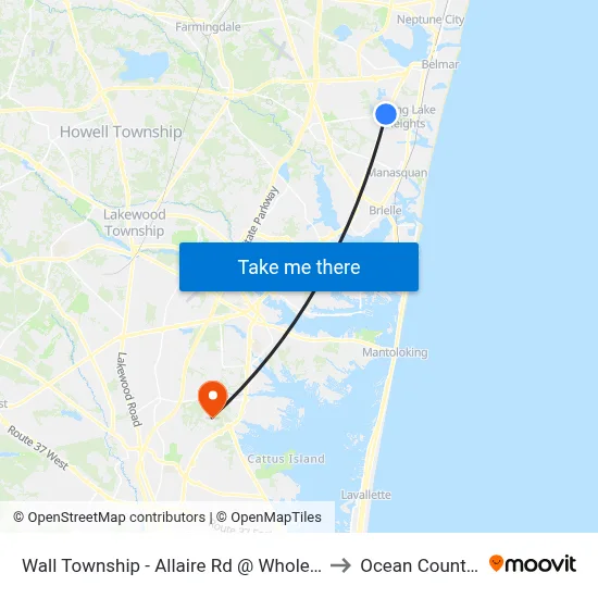 Wall Township - Allaire Rd @ Wholefoods (Northbound) to Ocean County College map
