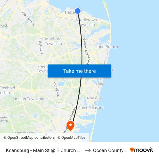 Keansburg -  Main St @ E Church St (Northbound) to Ocean County College map