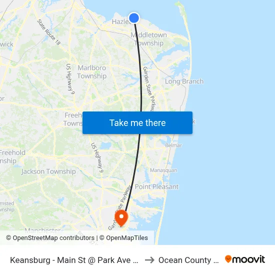 Keansburg -  Main St @ Park Ave (Northbound) to Ocean County College map