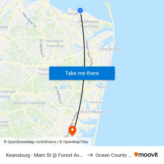 Keansburg -  Main St @ Forest Ave (Northbound) to Ocean County College map