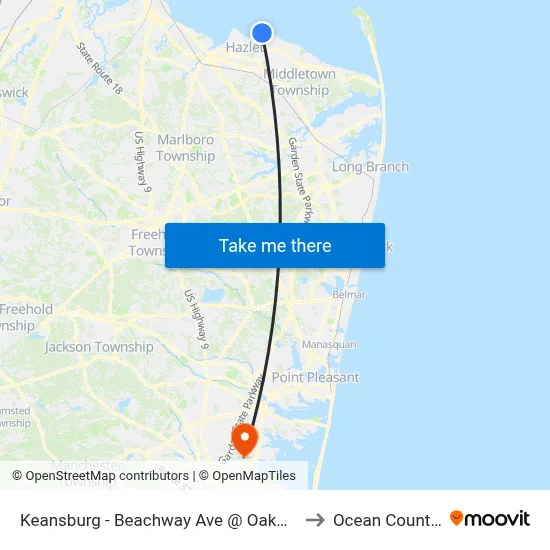 Keansburg -  Beachway Ave @ Oakwood Pl (Northbound) to Ocean County College map