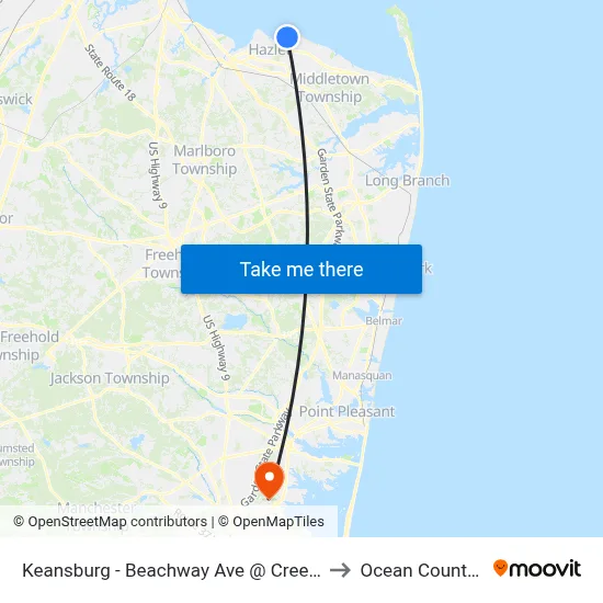 Keansburg -  Beachway Ave @ Creek Rd (Northbound) to Ocean County College map