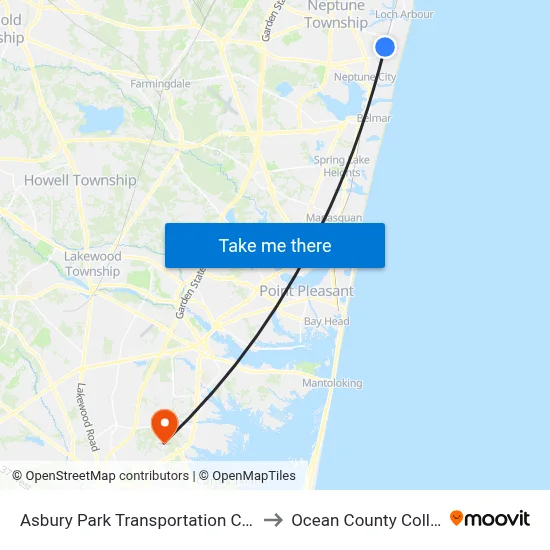 Asbury Park Transportation Center to Ocean County College map