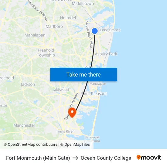 Fort Monmouth (Main Gate) to Ocean County College map