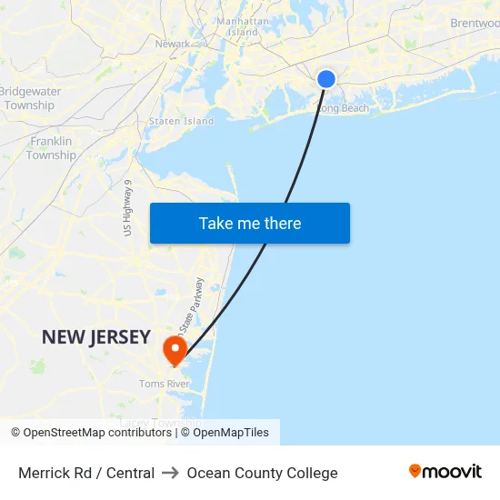 Merrick Rd / Central to Ocean County College map