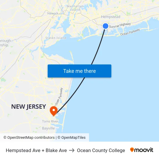 Hempstead Ave + Blake Ave to Ocean County College map