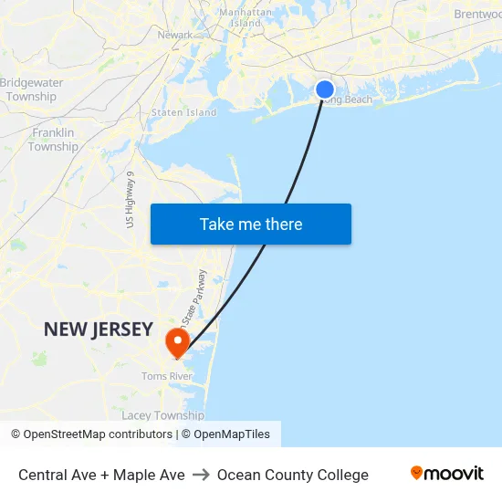 Central Ave + Maple Ave to Ocean County College map
