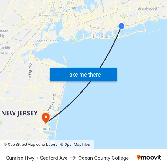 Sunrise Hwy + Seaford Ave to Ocean County College map