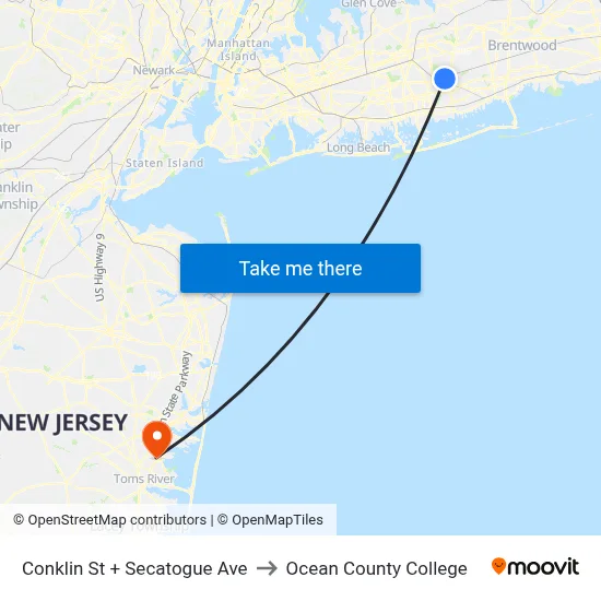 Conklin St + Secatogue Ave to Ocean County College map