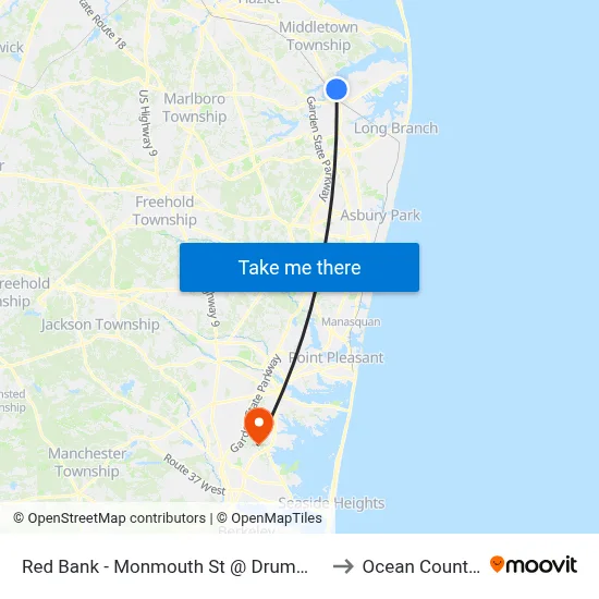 Red Bank - Monmouth St @ Drummond Pl (Southbound) to Ocean County College map