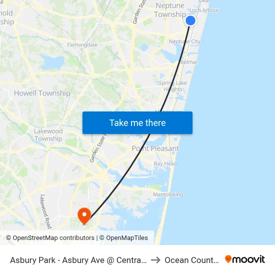 Asbury Park - Asbury Ave @ Central Ave (Northbound) to Ocean County College map