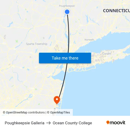 Poughkeepsie Galleria to Ocean County College map